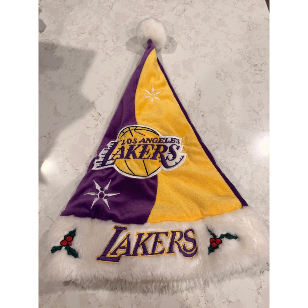 NBA Los Angeles Lakers Christmas Santa Hat Purple Gold Faux Fur Embroidered Logo